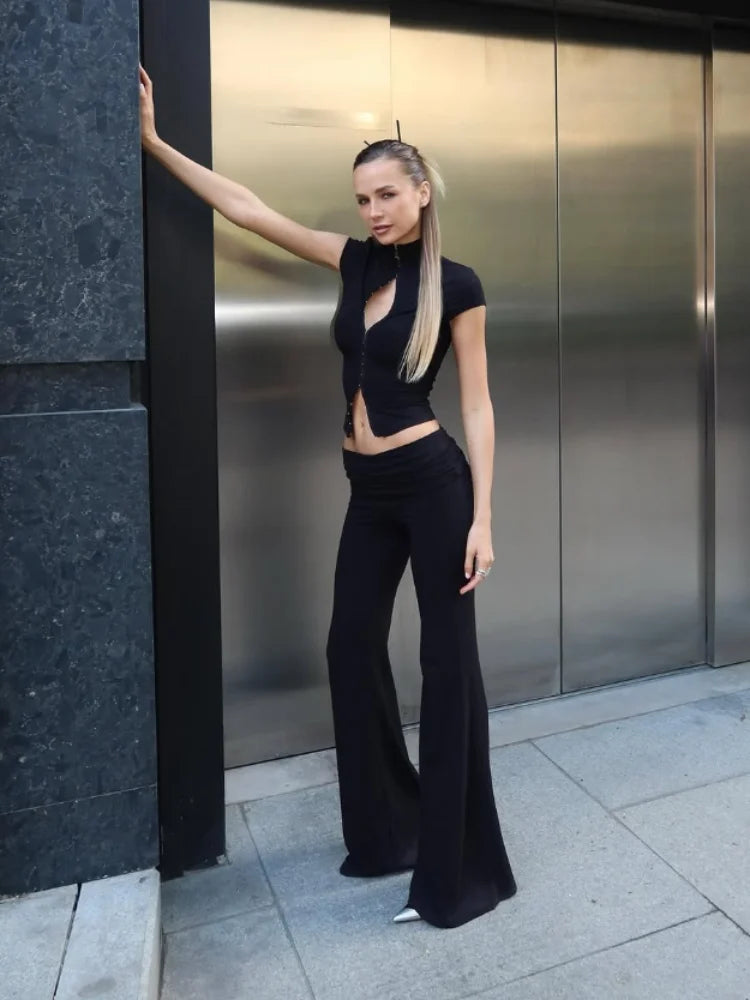 Women's Fashion Short Sleeve Pants Set Chic Tight Zipper Top Straight Leg Low Waist Trousers Casual Streetwear Commute Outfit