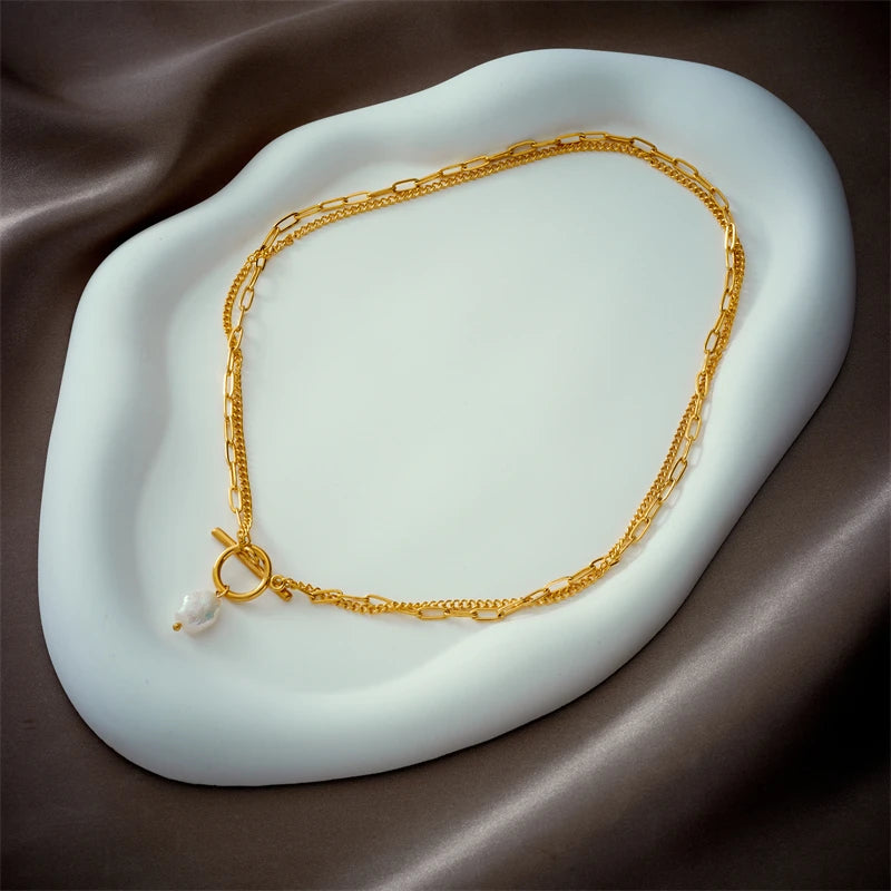 DIEYURO 316L Stainless Steel OT Clasp Large Pearl Pendant Necklace For Women New Girls 2-Layer Chain Jewelry Party Gifts Bijoux