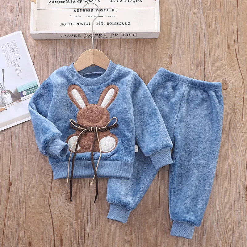 2PCS Autumn Winter Boys Girls Clothes Pajamas Set Thick Flannel Toddler Child Warm Cartoon Rabbit Sleepwear Kids Home Suit 0-6Y