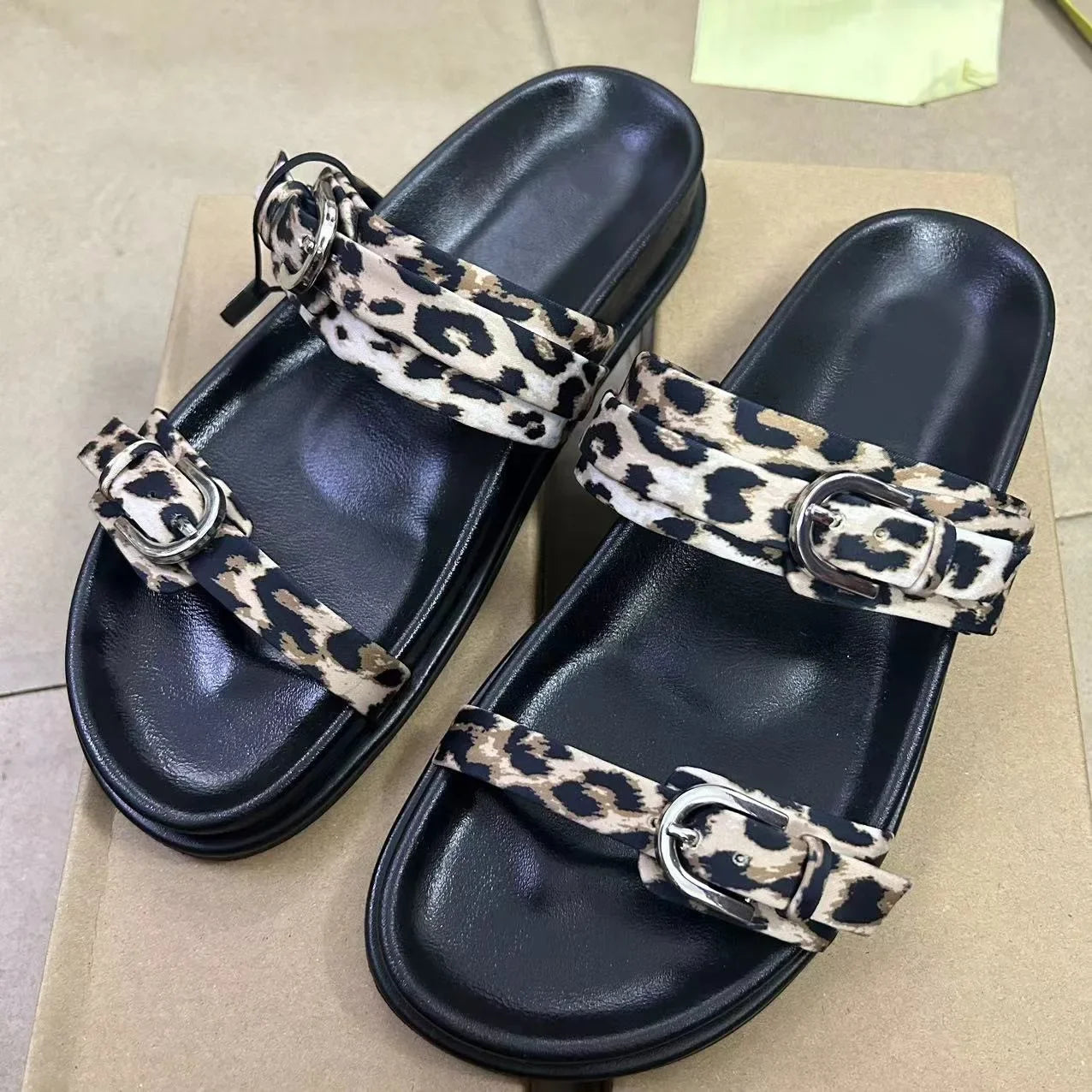 Women's Leopard Print Platform Sandals 2026 Summer Chunky Double Buckle Design Casual Beach Shoes Open Toe Flat Footwear