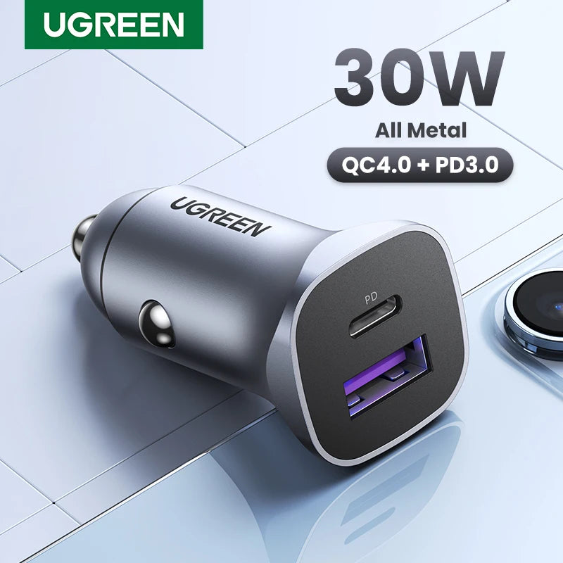 UGREEN Car Charger Type C Fast USB Charger for iPhone 17 16 15 Xiaomi Car Charging Quick 4.0 3.0 Charge Mobile Phone PD Charger