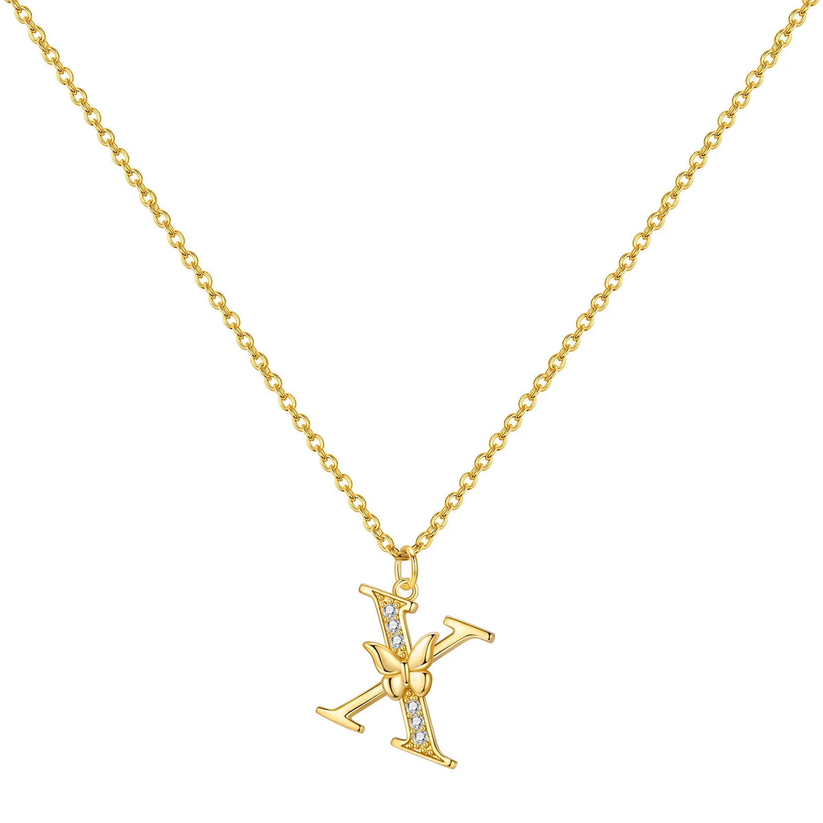 Original 925 Sterling Silver 18K Gold Zircon Butterfly A-Z 26 Letter Y-shaped Chain Necklace For Women Commemorate Jewelry Gift