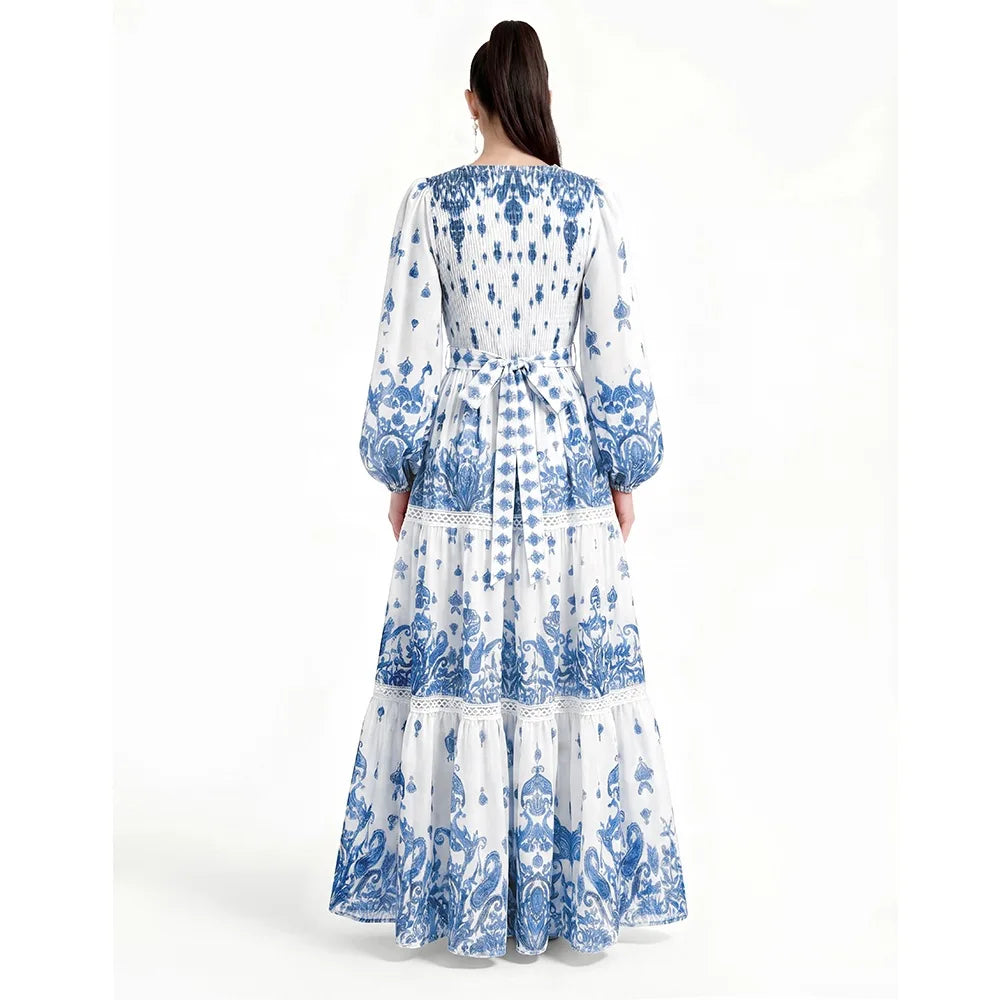 Vintage Floral Tiered Dress Women V Neck Puff Long Sleeve Belted Waist A Line Maxi Dress Spring Resort Wedding Guest Long Gown