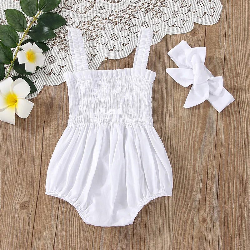 Baby's Clothes Summer Jumpsuit Outfit Solid Color Ruched Toddler Girl Casual Sleeveless Suspender Kids Rompers Headband Set