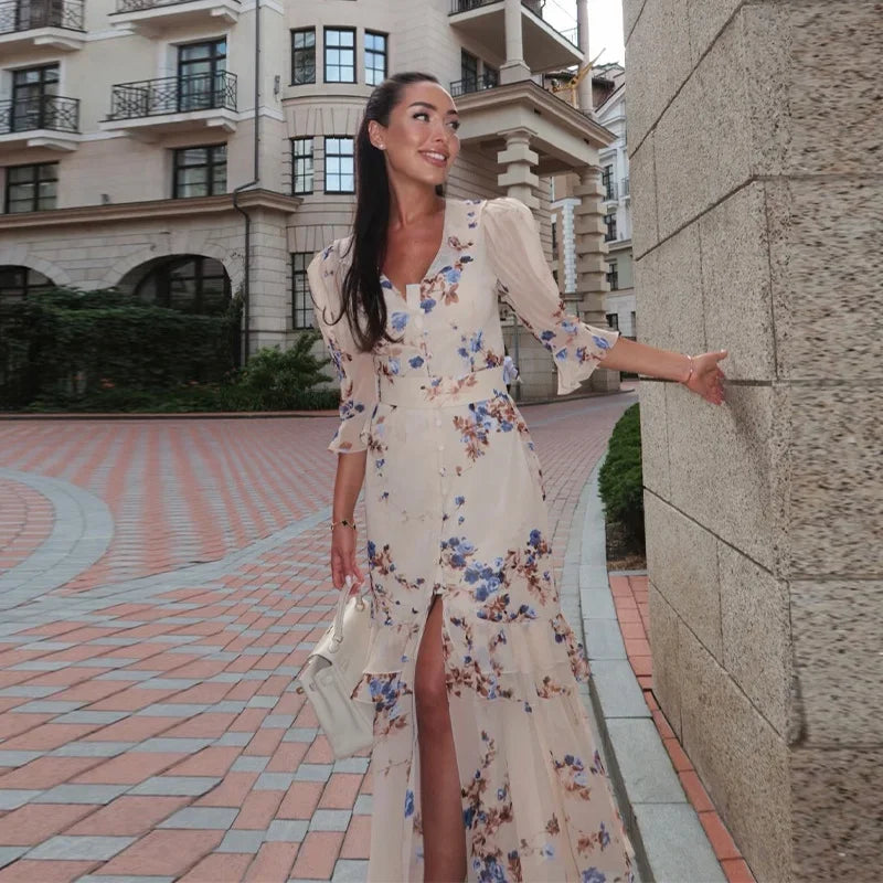 Women Chic V-neck Belte Slit Flower Print Maxi Dress Ruffle Trim High Chiffon Dresses 2026 Summer Fashion Party Vacation Robe