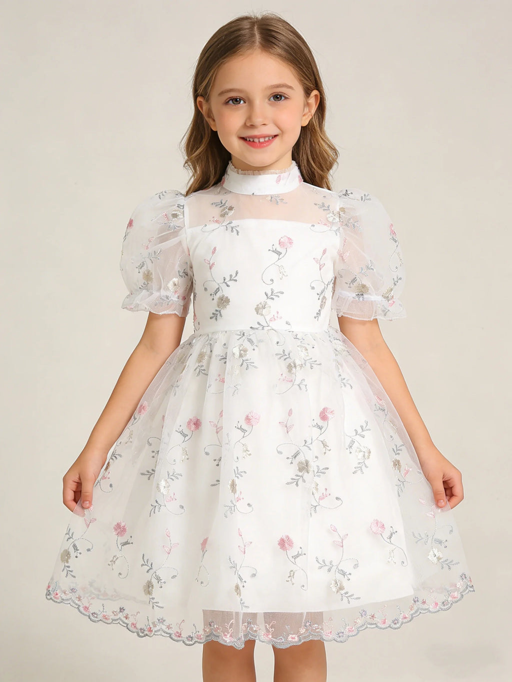Spring And Summer Girls Flower Embroidery Princess Sleeves Sweet And Cute Hosting Banquet Mesh Dress