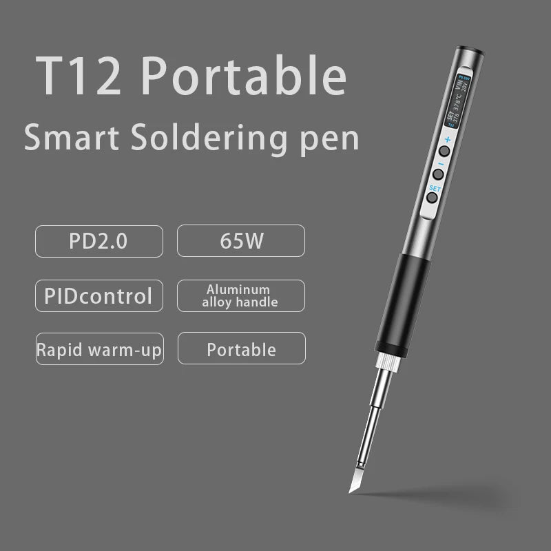 PTS100 T12 Soldering Iron Type-C Powered, PD Fast Charge, 65W High Power, Full Metal CNC Body, Adjustable Temperature