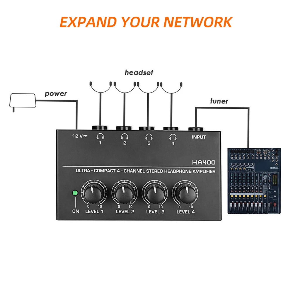 4 Channels Mini Stereo Headphone Amplifier HA400 Headphone Distributor Ultra-Compact With Power Adapter EU US Plug Adapter