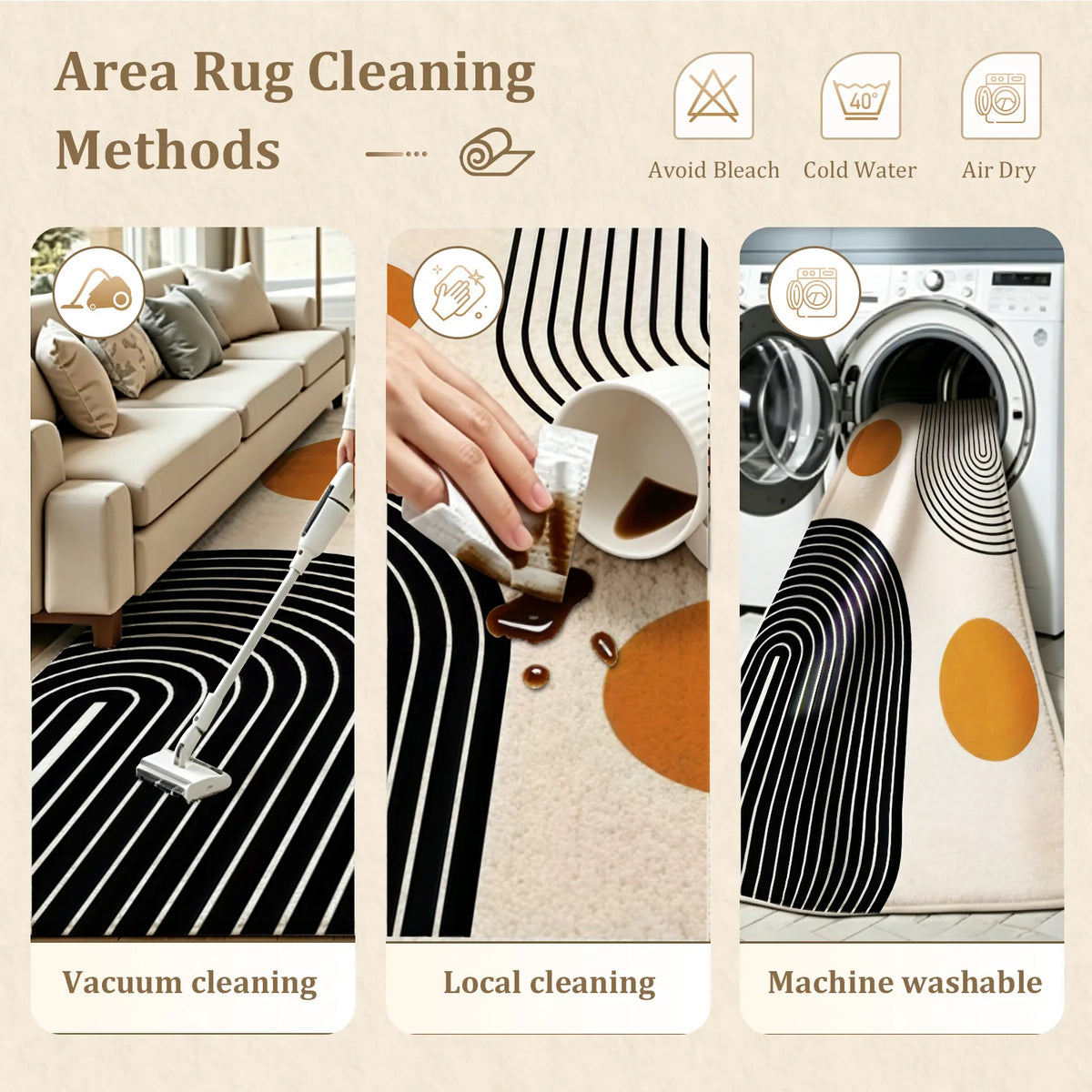 Large Indoor Area Rug, Soft Velvet Low Pile with Non-slip Dotted Backing, Machine Washable Mid-Century Geometric Black & Terracotta Pattern Rug for Living Room, Bedroom, Modern Home Decor