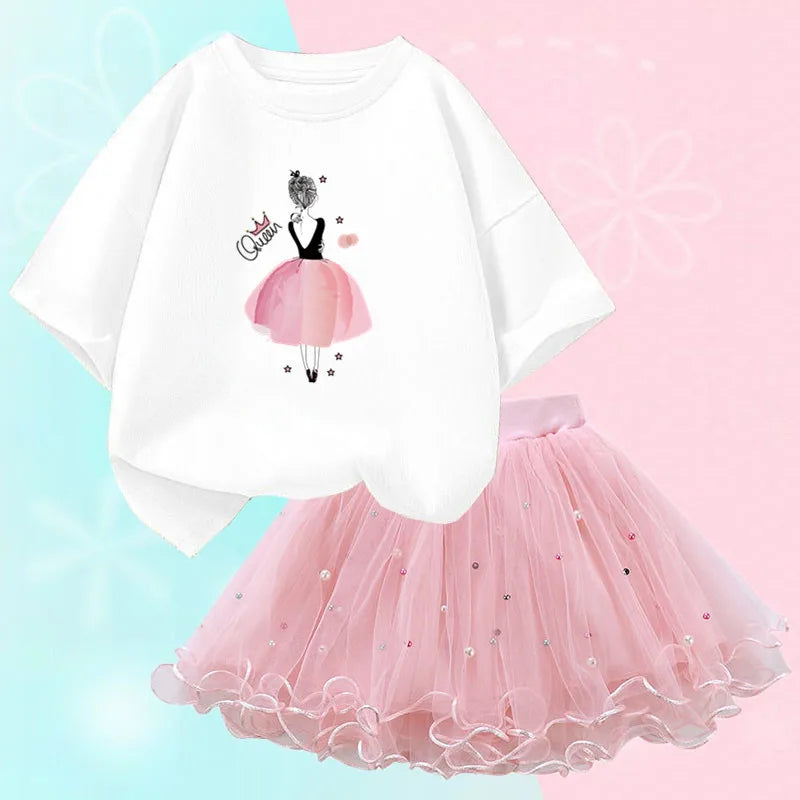 Fashion Summer Girls Outfits Pretty Ballet Dance Girl T-shirt and Tutu Skirt Set for Princess Clothes Suit Children Clothing
