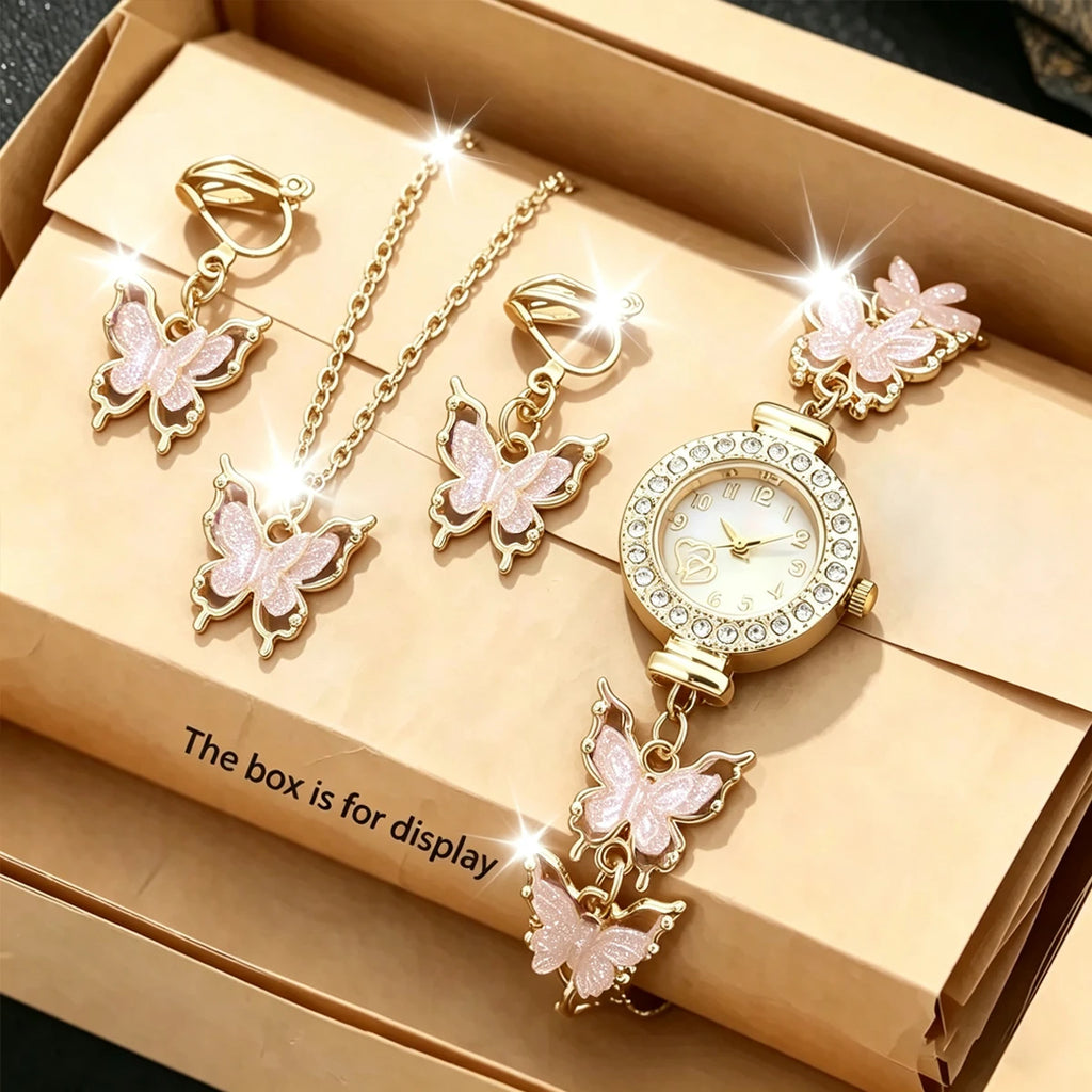 4PCS Elegant Rhinestone Women Watch Butterfly Jewelry Set Fashion Ladies Quartz Wristwatches Necklace Earrings Gift（Without Box）
