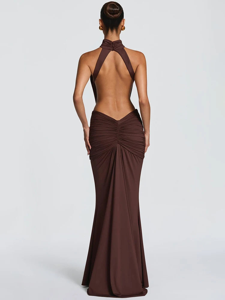 Mozision Turtleneck Backless Sexy Maxi Dress Women Gown Elegant Off-shoulder Sleeveless Ruched Bodycon Club Party Long Dress