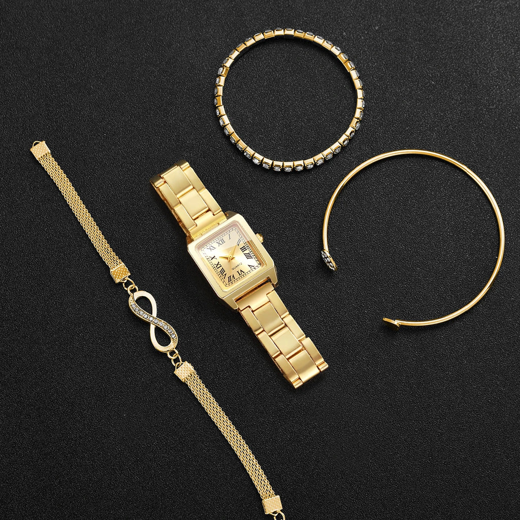 4PCS Fashion Square Roma Dial Women Quartz Watch Diamond Bracelets Set Luxury Alloy Strap Ladies Wristwatches (Without Box)
