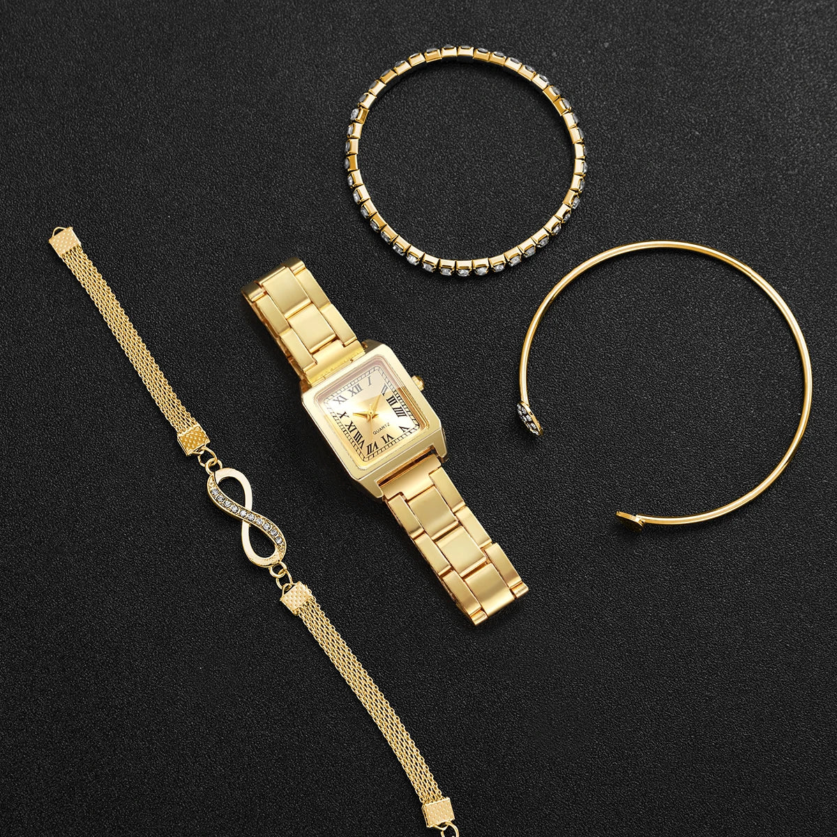 4PCS Fashion Square Roma Dial Women Quartz Watch Diamond Bracelets Set Luxury Alloy Strap Ladies Wristwatches (Without Box)