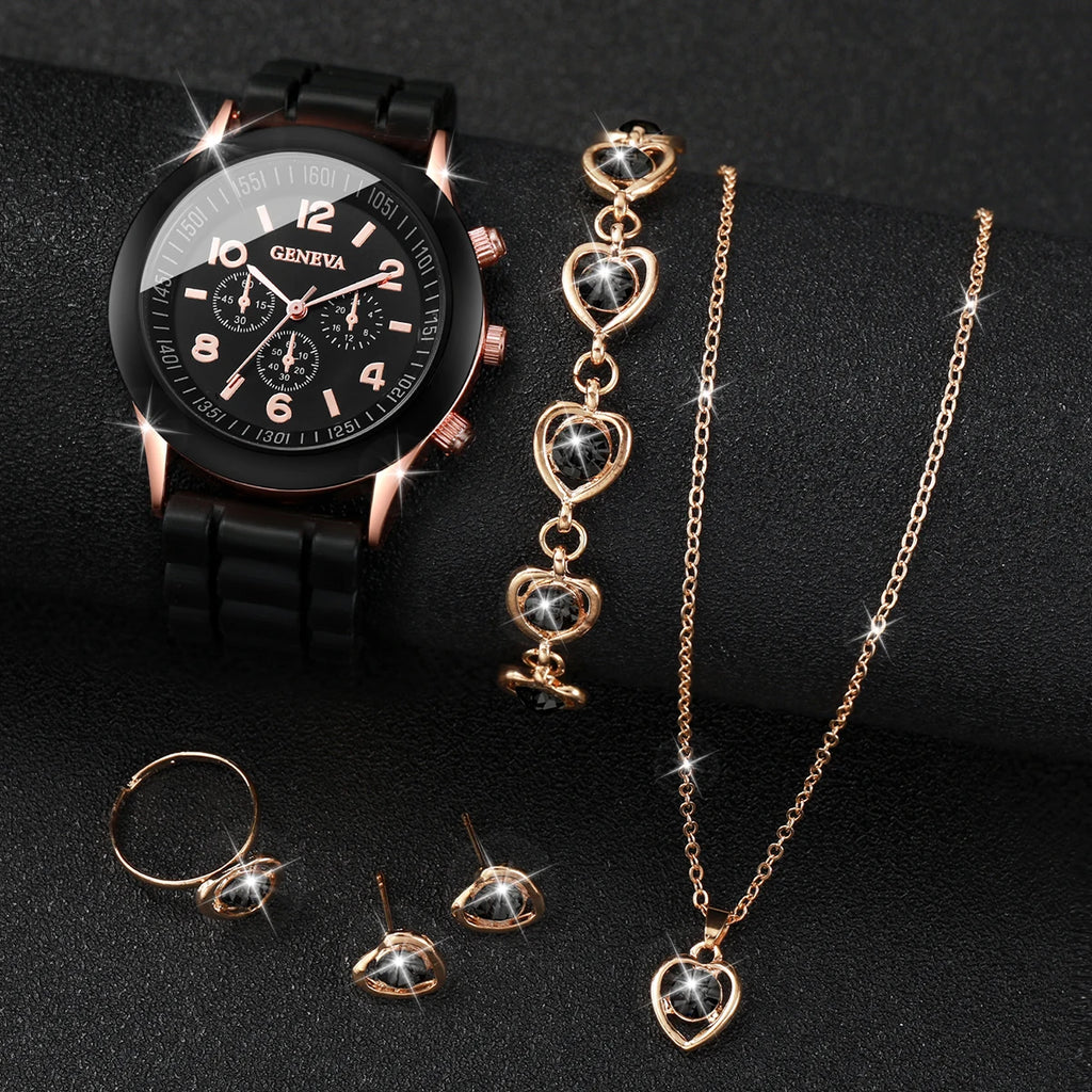 6PCS/Set Women's Watch Casual Silicone Band Analog Quartz Watch Rhinestone Heart Jewelry Set(Without Box)
