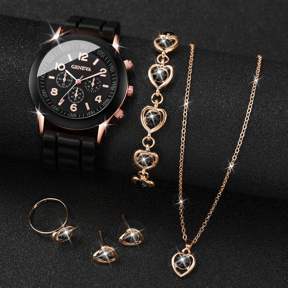 6PCS/Set Women's Watch Casual Silicone Band Analog Quartz Watch Rhinestone Heart Jewelry Set(Without Box)
