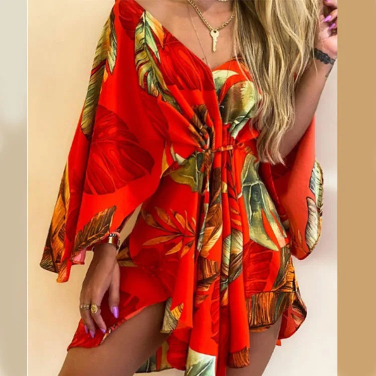 Sexy V Neck Long Batwing Sleeve Floral Print Loose Asymmetrical Dress Summer Women Irregular Leaf Print Party Boho Dresses