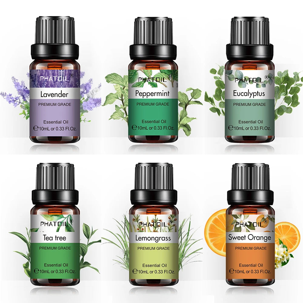 PHATOIL 6pcs Essential Oils Set For Diffuser Candle Making -10ML Lavender Eucalyptus Peppermint Tea Tree Sweet Orange Lemongrass