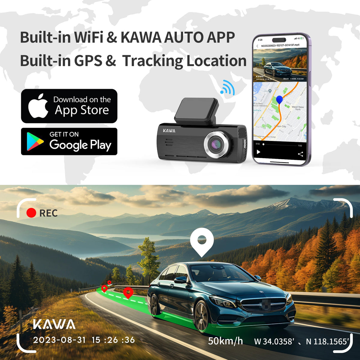 KAWA Dash Cam D8 4K Voice Control For Sony IMX415 Dashcam Night Vision 24Hours Parking Monitoring Loop Recording WiFi6 Built-in GPS G-sensor Car DVR