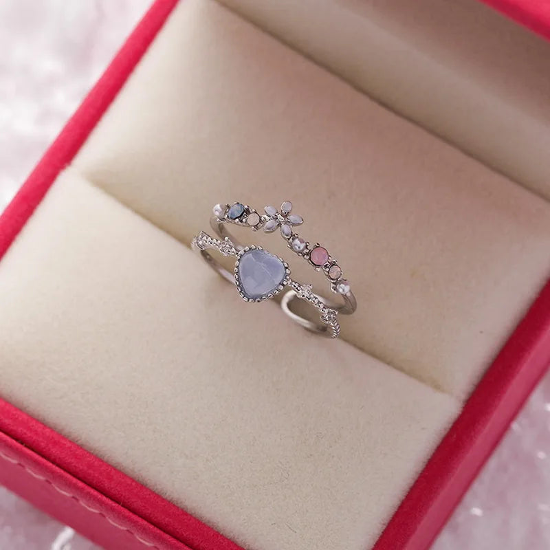 Korean CZ Sweet Crystal Zircon Heart Ring For Women Exquisite Shell Flower Opening Finger Rings Princess Wedding Jewelry