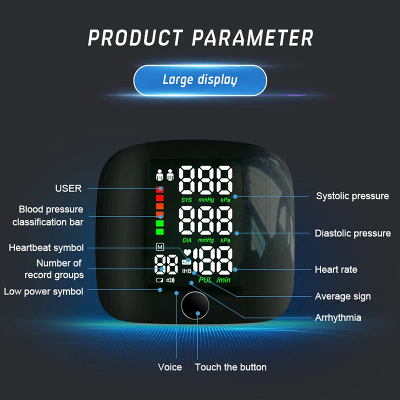English Voice Portable LED Wrist Blood Pressure Monitor Portable Rechargeable Digital Tonometer Sphygmomanometer BP Monitor