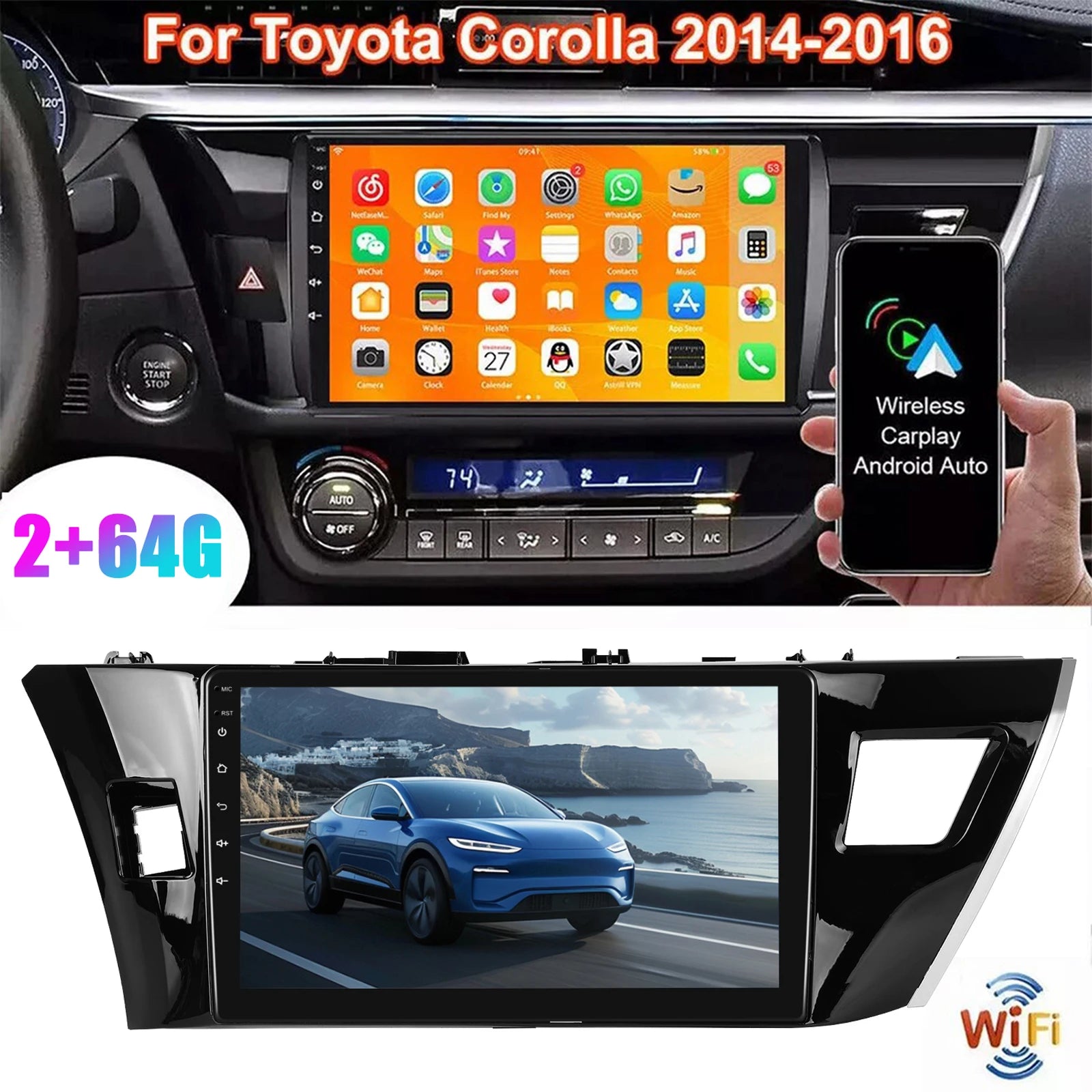 10.1-inch Android 15 For Toyota Corolla 2014-2016, 2+64G AHD camera in-car navigation with Wireless CarPlay