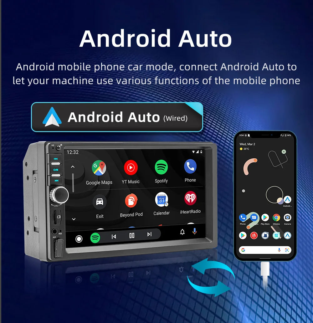 BQCC 7" 2Din/1 Din MP5 Car Player Mirrorlink wired Android AUTO/CarPlay BT AUX  Colorful lights FM Car Radio F7018C