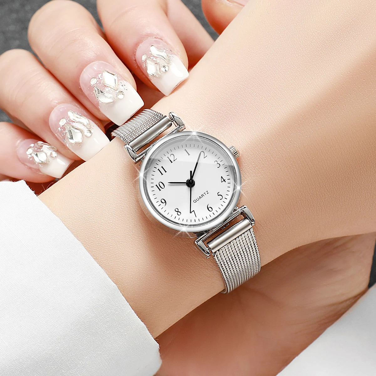 5PCS Fashion Arabic Dial Women Quartz Watch Rhinestone Jewelry Set Silvery Mesh Band Wristwatches Reloj Mujer（Without Box）