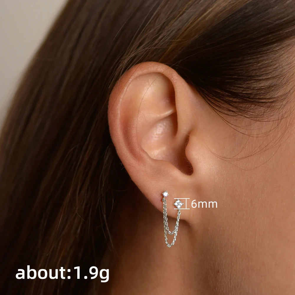 Huitan New Arrival Double Ear Studs Tassel Chains Hanging Earrings for Women Ear Piercing 3 Metal Color Luxury CZ Hot Jewelry