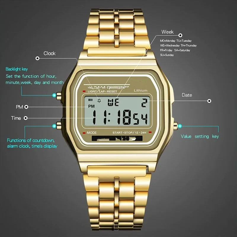 Steel Strap Watches Women Watch Men Business Clock Multifunction LED Digtal Sports Wrist Watch Electronic Clock Electron Wi