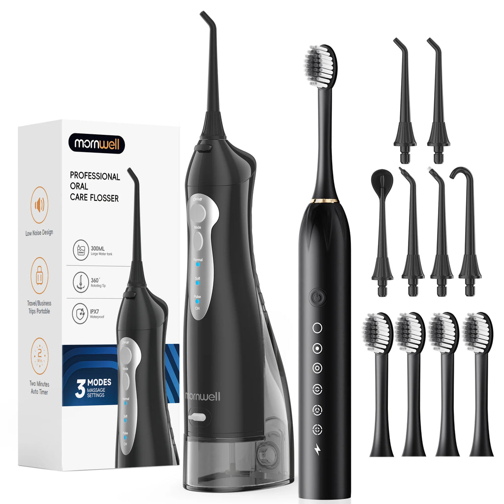Mornwell Portable Water Flosser with Electric Toothbrush Combo:Gums Care - Brushing & Flossing for Adults, Travel Use, D52 & X3