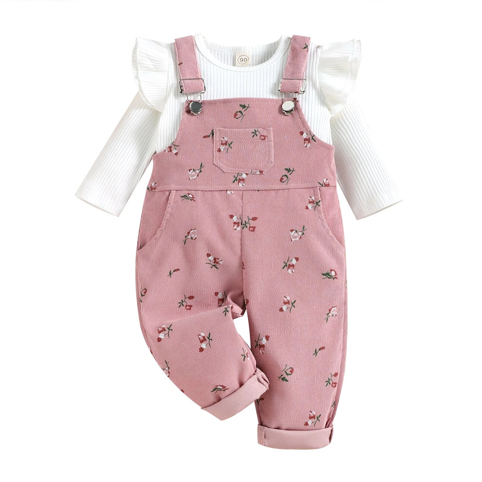 Pudcoco 2 Pieces Kids Suit Set, Solid Color O-Neck Long Sleeve Tops+ Floral Print Suspender Trousers for Girls, 6 Months-4 Years
