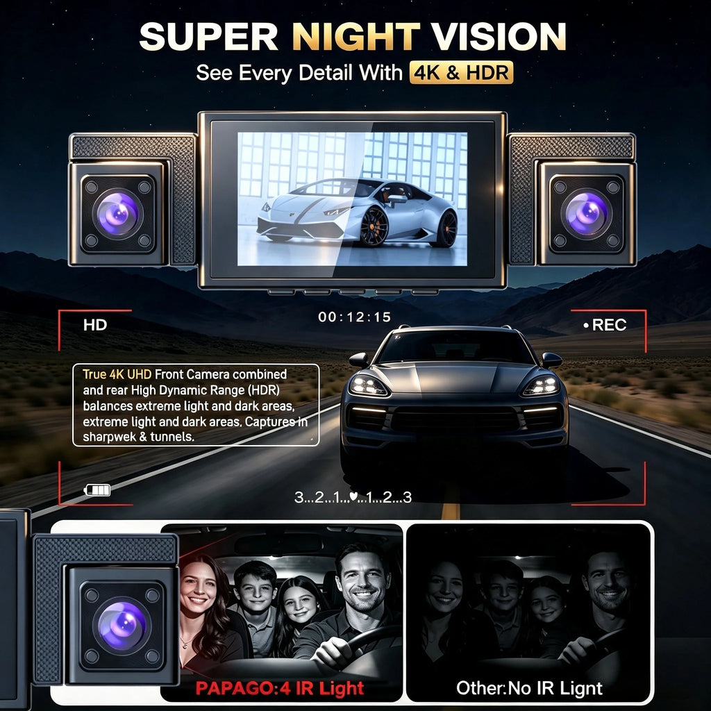 M350 3 Channel Dash Cam, 4K Front 1080P Inside, WiFi IR Night Vision Cabin Camera, Works with Apple Find My, 24/7 Recording, NO TF Card Included