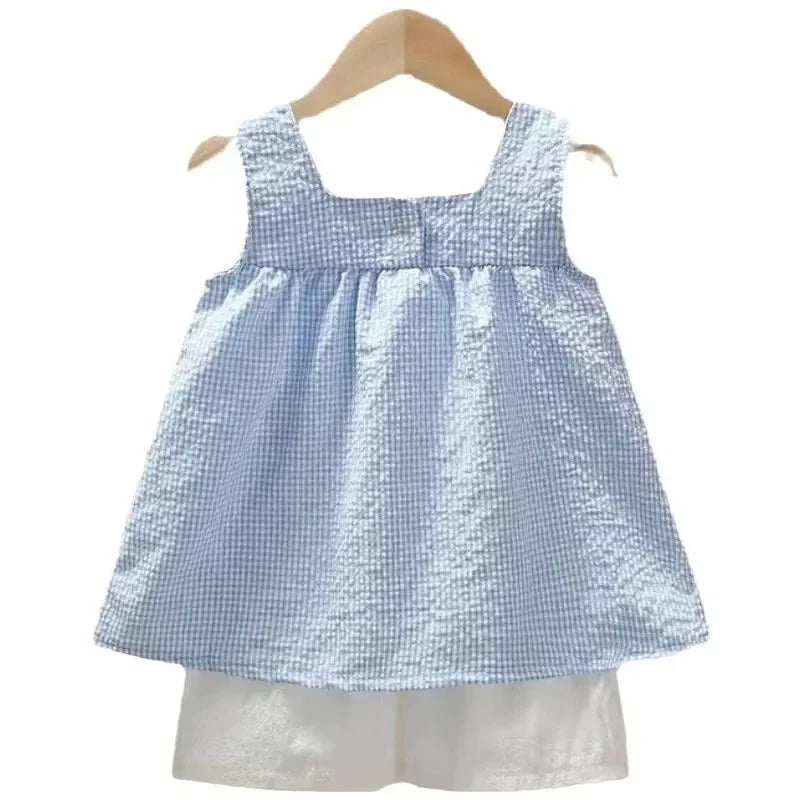 New Summer Kids Girls Clothes Sets Casual Girls Checked Straps+White Shorts 2pcs Suit Children Clothing Set