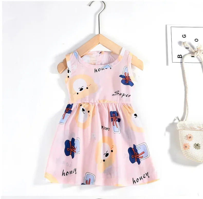 Baby Girls Dress Sleeveless Cute Print Cartoon Kids Princess Dresses Cotton Children Sundress Clothes Girl Summer Beach Clothing