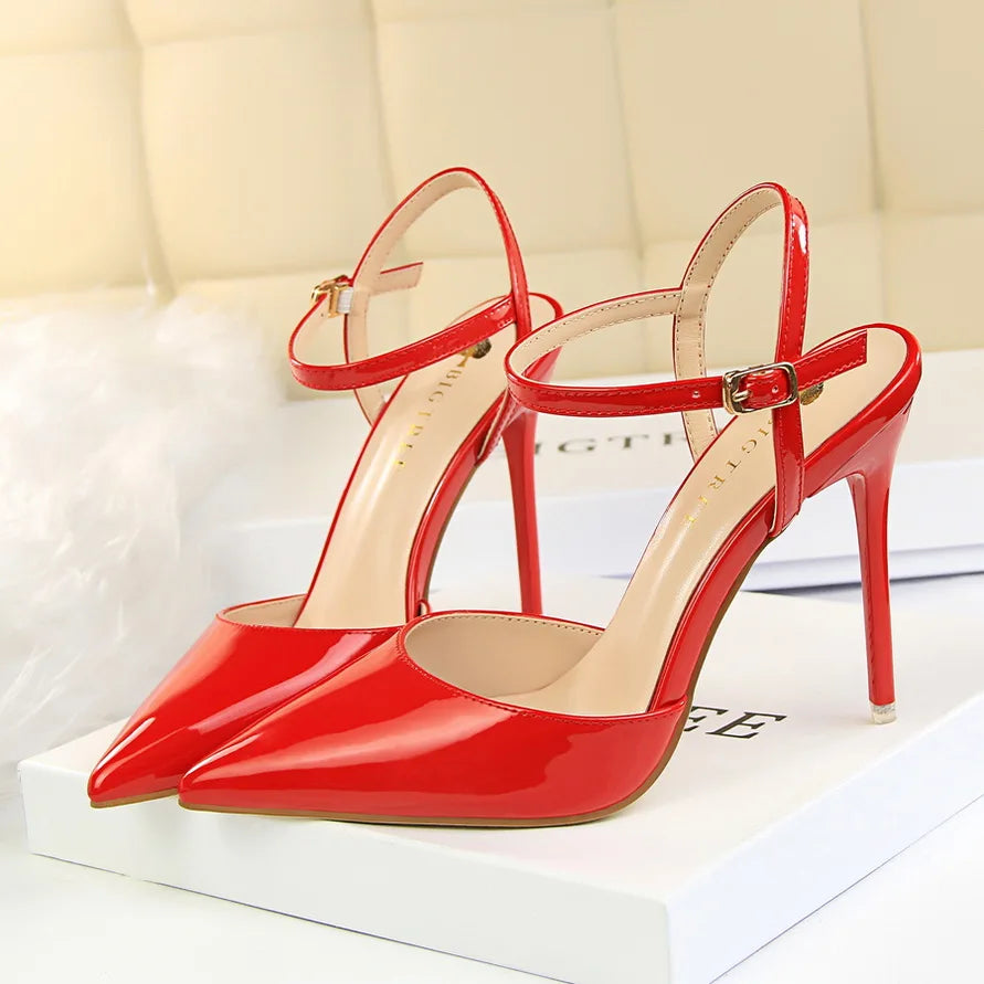 Women 10.5cm High Heels Sandals Lady Metallic Gray Patent Leather Stripper Ankle Strap Sandles Wedding Fetish Nightclub Shoes