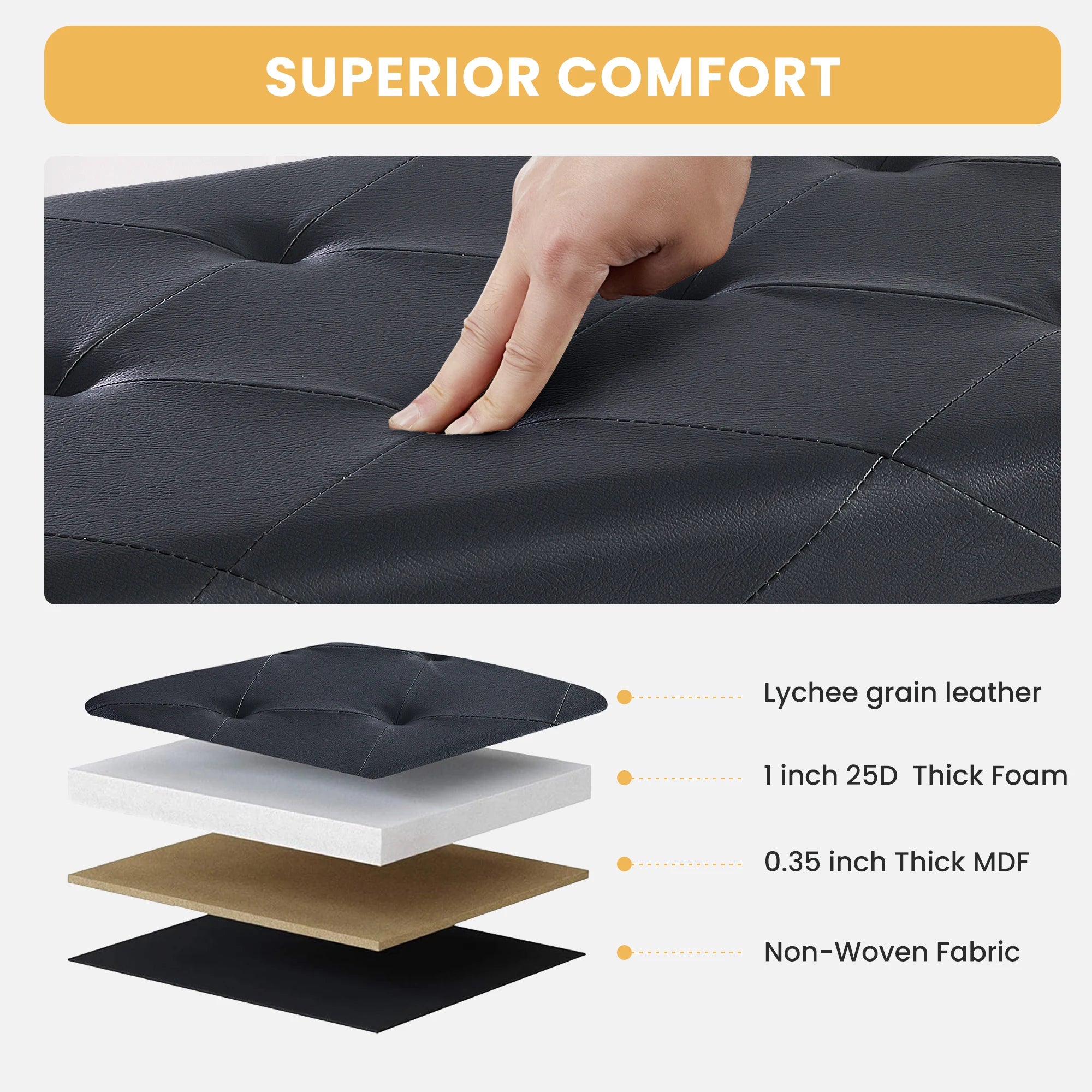 JHK 43 Inches Leather Folding Ottoman Storage Footstool Toy Box Bedroom Bench Load 660 lbs Foot Rest Stool For Living Room
