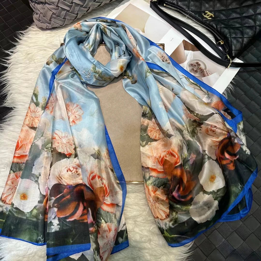 BYSIFA| Ultralarge Blue White 100% Mulberry Silk Scarf Beach Wrap Brand Female Long Scarves New Paisley Design Silk Scarf Shawl