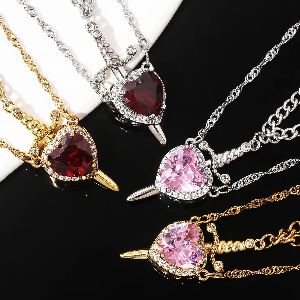 LATS 2pcs Can Be Assembled Heart and Sword Zircon Pendant Necklace for Women Men Couple Silver Gold Plated Choker Chain Jewelry