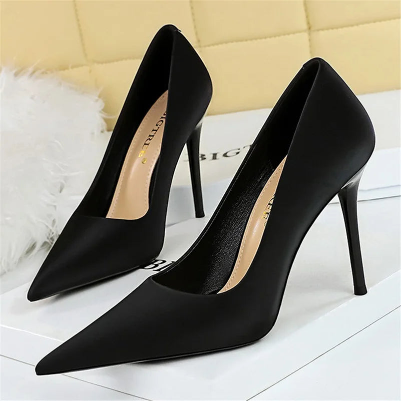 Women 10cm High Heels Satin Silk Dress Stiletto Fashion Pumps Lady Wedding Bridal Escarpin Catwalk Green Purple Peach Prom Shoes
