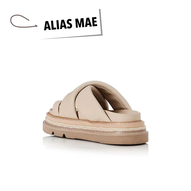 ALIAS MAE 2024 Summer Classic Leather Cross with Round Head Flat Bottom Women's Casual Comfortable Slippers