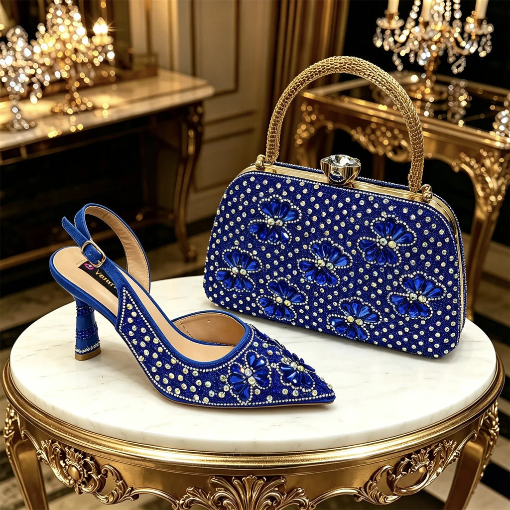 Venus Chan Gold Pointed Toe Rhinestone Heels & Bag Set, Sparkly Slingback Shoes for Women Wedding Party Evening Prom
