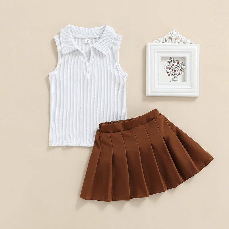 2-7Y Kids Girls Summer Clothes Sets 2026 Fashion Ribbed Sleeveless Tops + Pleated Skirts Sweet Outfits for Children Baby