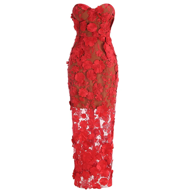 New Red Embroidered Flower Strapless Dress, Women's Slim and Sexy Party Dress, Long Skirt