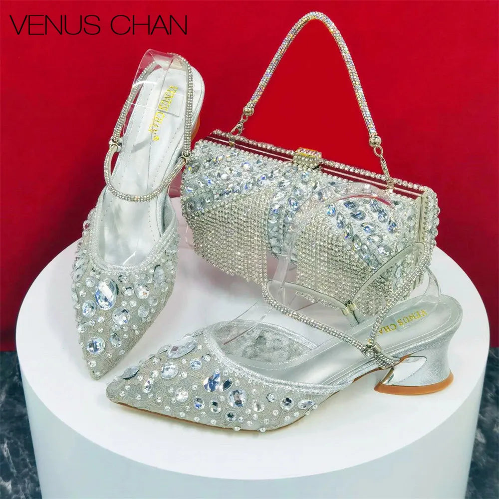 Sandals Woman Summer 2024 Italian Design Luxury Women's Shoes and Wallet Full Diamond Decorative Cylinder Mini Handbag