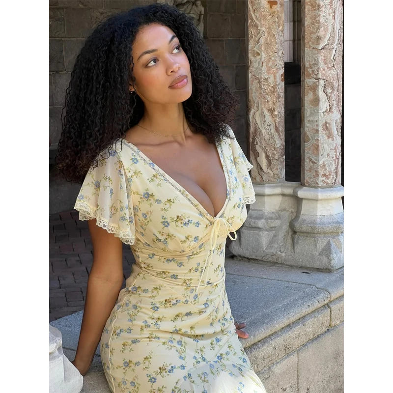 Women Chic V-neck Belte Slit Flower Print Maxi Dress Ruffle Trim High Chiffon Dresses 2026 Summer Fashion Party Vacation Robe