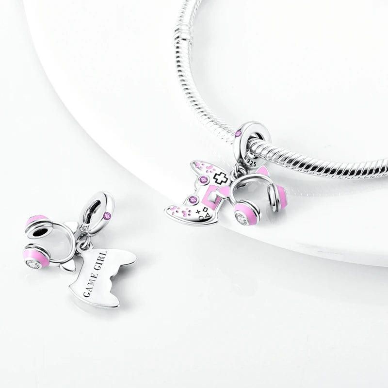 Pink Charms Original 925 Sterling Silver Heart Bow Perfume Bottle Charms Beads Pendants Fit Bracelet DIY Women Jewelry Making