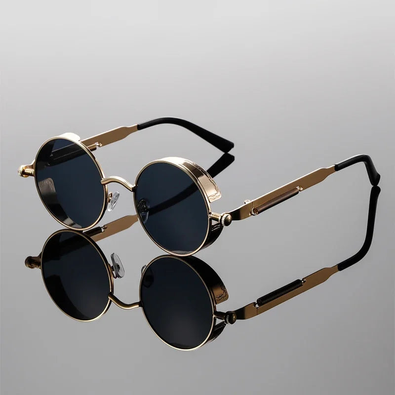 KAMMPT New Fashion Steampunk Metal Shades Original Brand Design Round Decor Sunglasses Chic Vacation Beach Anti UV Sun Glasses