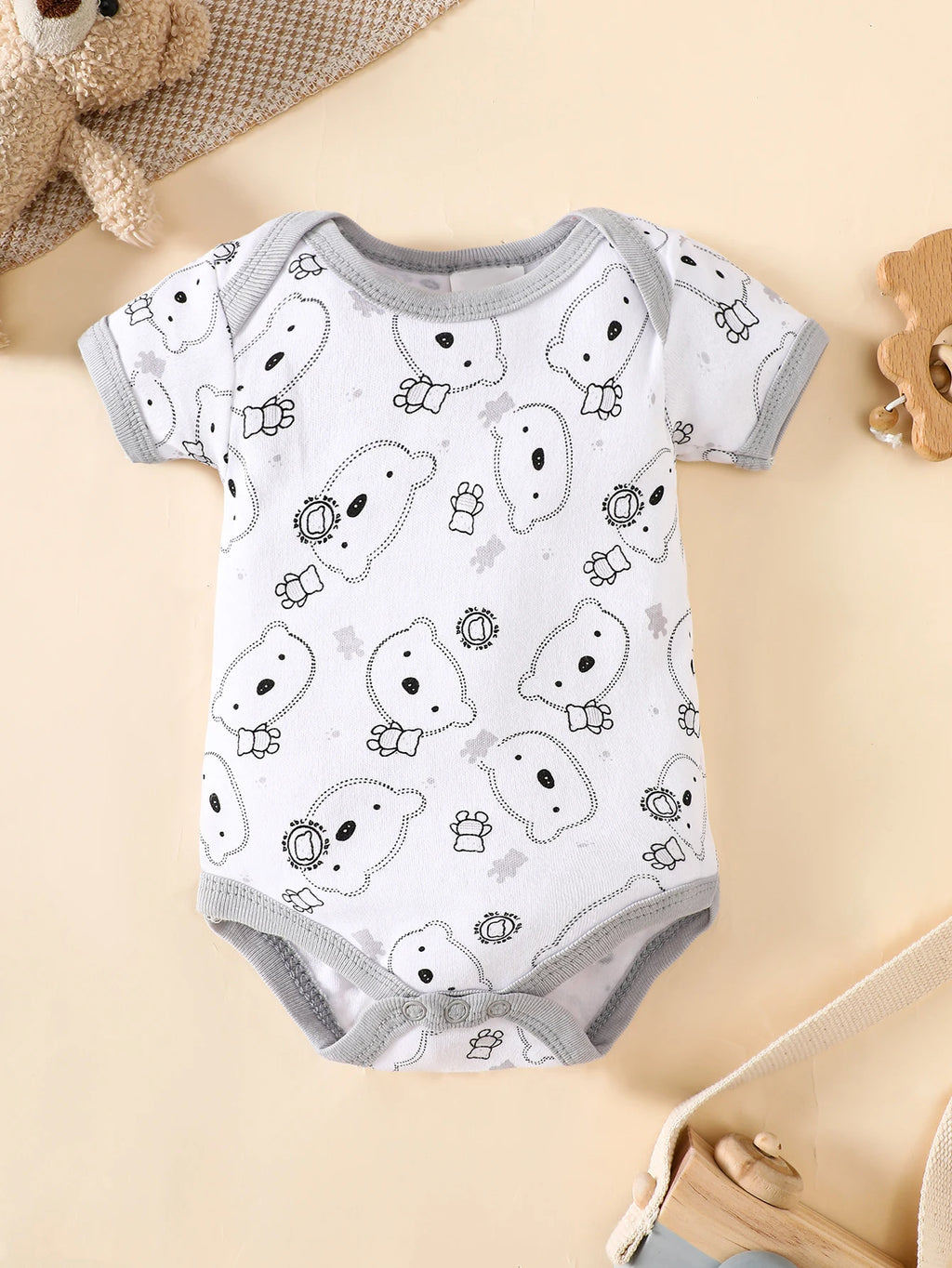 8-Piece Baby Romper Set | 100% Cotton | Cute Grey Bear Print | For 0-9M Infants