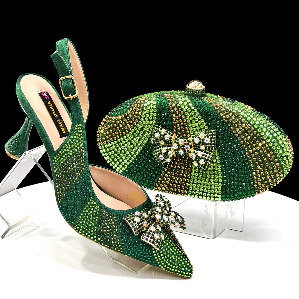 Venus Chan Green Color Pointed-Toe High Women Heels Shoes and Bags for Women Rhinestone Evening Party Elegant Luxury Handbag